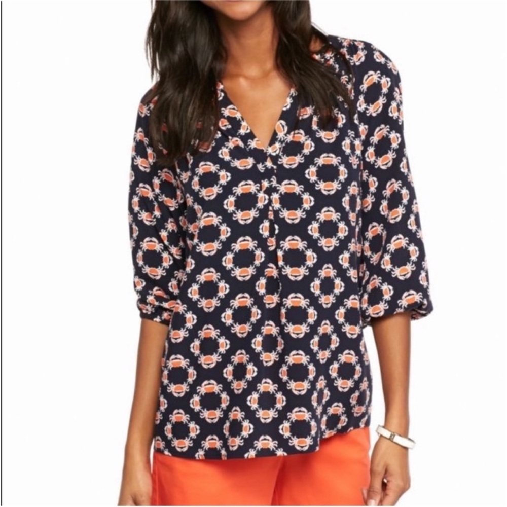 Crown & Ivy Blue and White 3/4 Sleeve Blouse with Mandarin Collar